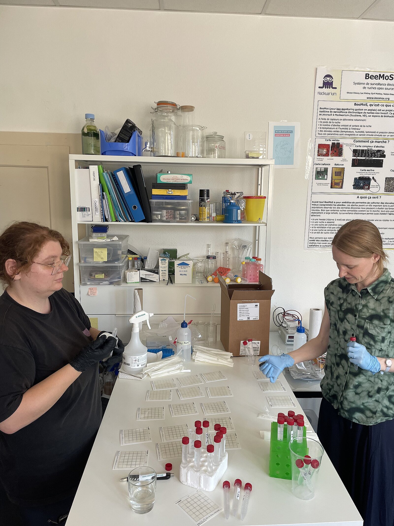 Léane et Greta versent quelques gouttes d’eau de la Venoge et de la Sorge sur les cartes de culture. © Réseau Romand Science et Cité Léane et Greta versent quelques gouttes d’eau de la Venoge et de la Sorge sur les cartes de culture. © Réseau Romand Science et Cité